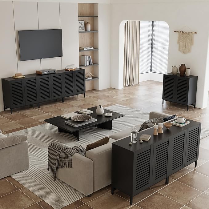 JOMEED Buffet Sideboard Cabinet with Grille-Striped Doors & Adjustable Shelf, Wood Storage Cabinet for Kitchen, Dining Room, Living Room, Entryway Black