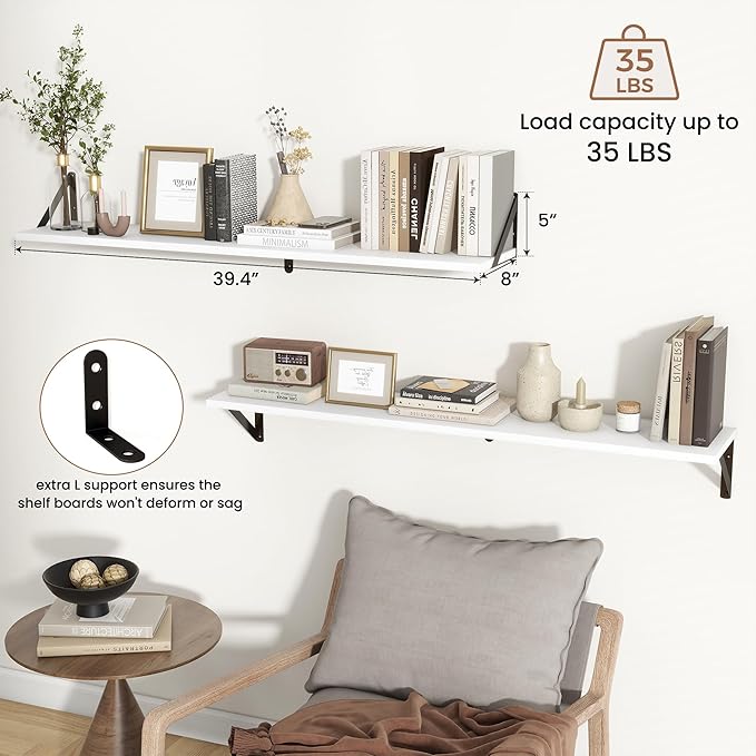 Axeman White Floating Shelves for Wall 40 Inch | 39.4W x 8D Rustic Wood Floating Shelves Set of 2 | 8" Deep Long Wall Shelves for Bathroom Kitchen Living Room | Bookshelf Display Shelves - White