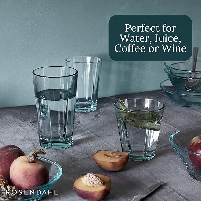 Rosendahl Grand Cru Recycled Glass Tumbler Set (Set of 6) - 4 x 8.8 Oz, 2 x 12.2 Oz - Lead-Free, Dishwasher Safe, Elegant Clear Glass Drinkware for Water, Juice, Coffee, Wine - Modern, Durable (Green)