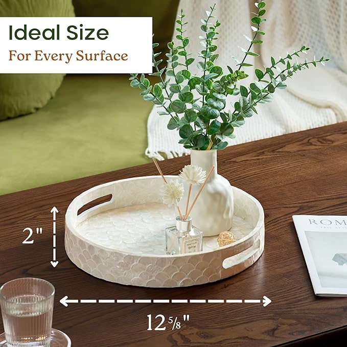 12.6 Inch Capiz Round Decorative Tray, Mother of Pearl Serving Tray with Handles for Coffee Table, Kitchen Counter, Bathroom Vanity or Dining Table Centerpiece Tray, Modern Farmhouse Decor