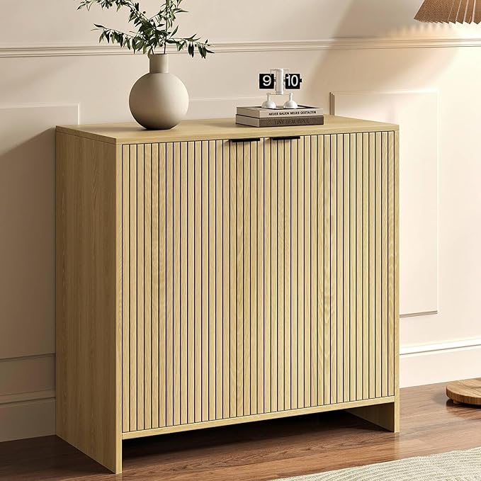 31.5" Fluted Buffet Cabinet with Storage, Sideboard Buffet Storage Cabinet with 2 Doors and Adjustable Shelves, Wood Mid-Century Media Console Coffee Bar Table for Living Room ,Kitchen, Entryway