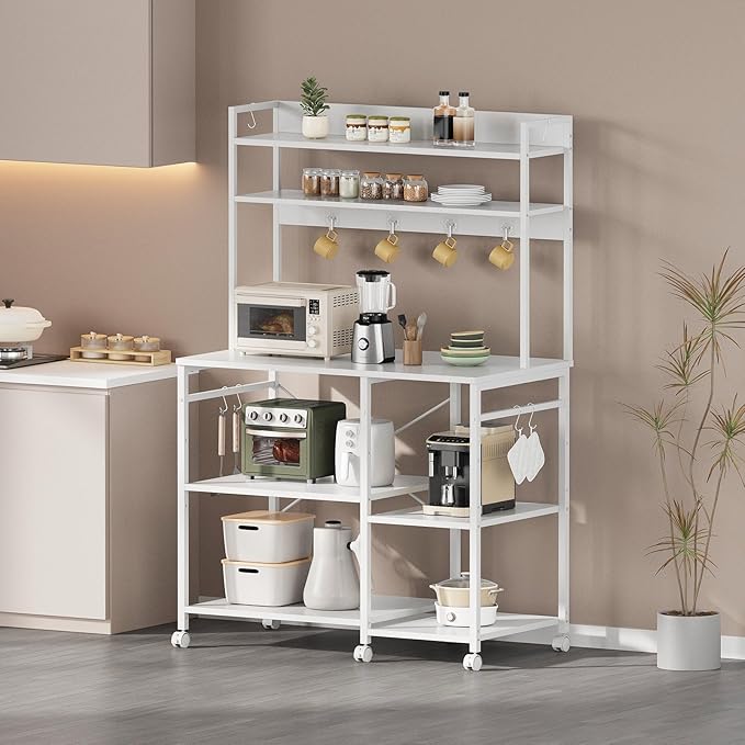 Kitchen Bakers Rack with Storage，Microwave Stand with Wheels，with Adjustable Shelves，Kitchen Shelves，Coffee Bar with 10 S-Shaped Hooks，35.4 * 15.8 * 61 Inches，White