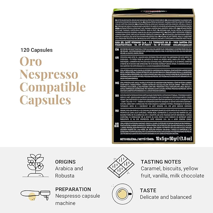 Caffe' Vergnano 1882 120 Count Oro Original Line Machine Compatible, Compostable Expresso Capsules, Arabica Medium Roast Coffee Pods with notes of Vanilla and Milk Chocolate, Intensity 4/10