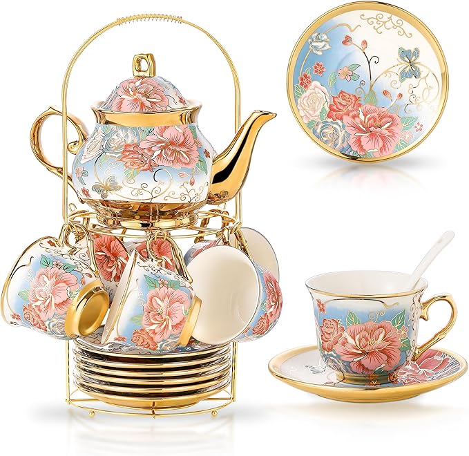 20 Pieces Porcelain Tea Set With Metal Holder, European Ceramic tea set for adults,Flower Tea Set,Tea Set For Women With Flower Painting (VIVID BLUE, Largr Vision)