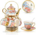 20 Pieces Porcelain Tea Set With Metal Holder, European Ceramic tea set for adults,Flower Tea Set,Tea Set For Women With Flower Painting (VIVID BLUE, Largr Vision)