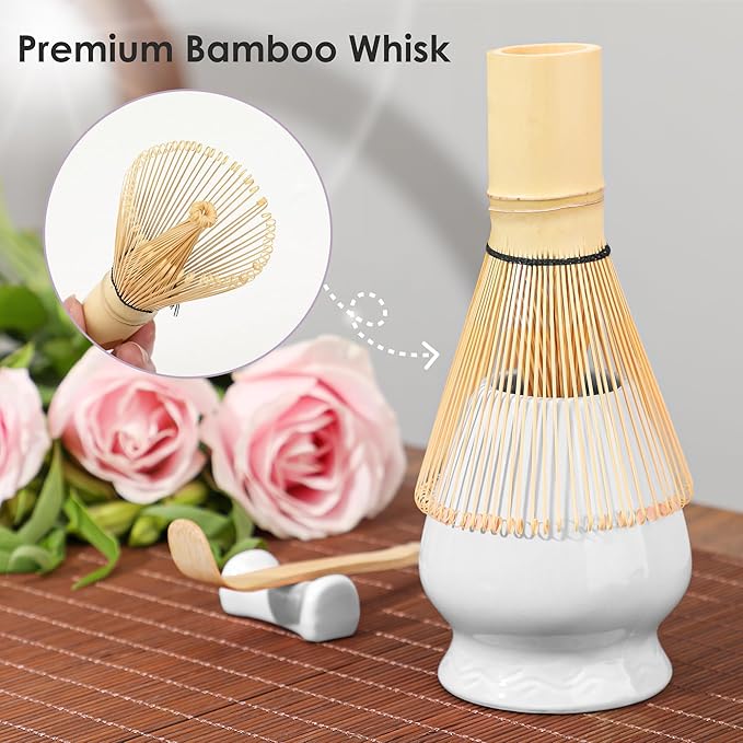 Matcha Whisk Set Matcha Kit - 7 Pcs Japanese Tea Set Includes Matcha Bowl with Spout,Bamboo Whisk with Ceramic Holder,Bamboo Scoop and Rest,Sifter,Tea Towel, for Ceremony Matcha Lovers Gift,White