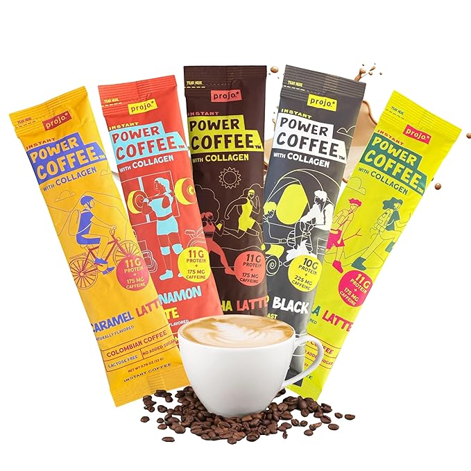 Projo* Power Coffee – Instant Coffee with 11g Protein – Grass-Fed Hydrolyzed Bovine Collagen & 175mg Caffeine, Organic, Variety - 1 Packet Each - Bold Black, Vanilla, Cinnamon, Caramel & Mocha Lattes