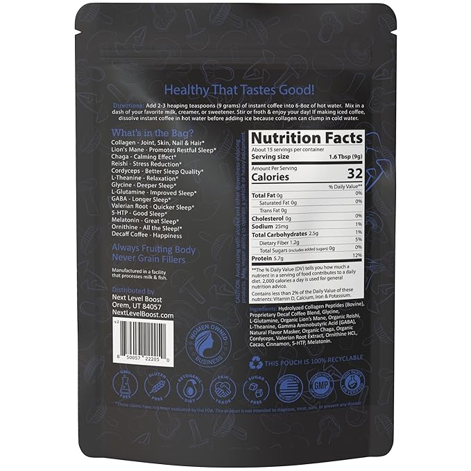 Sleep Boost Organic Mushroom Instant Coffee - 135g, 15 Servings Pouch - Healthy Coffee alternative and Substitute - With Collagen, Lions Mane and Antioxidants
