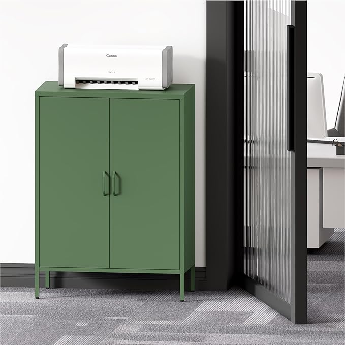 Metal Storage Cabinet with Doors and Shelves,Multipurpose Storage Rack, 3-Tier Shelf,Metal Locker Style Accent Cabinet for Home Office,Living Room,Kitchen (Forest Green, 40''H)
