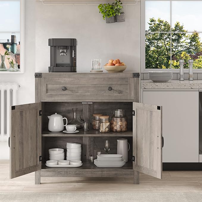 HOSTACK Coffee Bar Cabinet, Kitchen Storage Cabinet, Modern Farmhouse Buffet Sideboard with Drawer and Adjustable Shelf, Barn Door Accent Cabinets for Kitchen, Dining Room, Entryway, Ash Grey