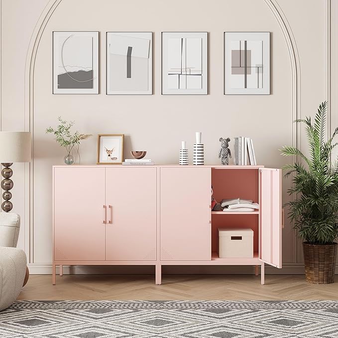 Metal Storage Cabinet with 2 Doors, Steel Buffet Sideboard Entryway Locker Cabinet Kitchen Cupboard for Living Room, Dining Room, Kitchen, Office, Bar (Pink, 31.5" D x 15.75" W x 35.43" H)