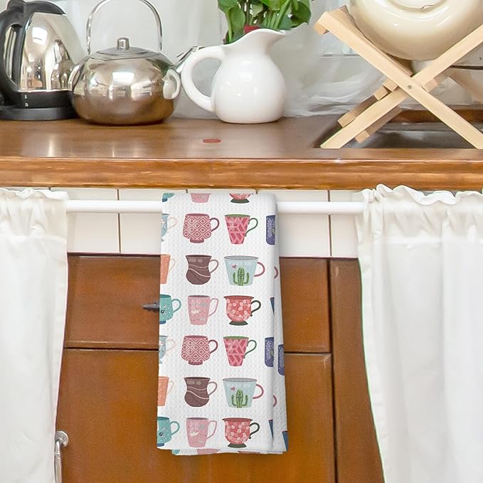 Modern Coffee Mugs Kitchen Dish Towels, Tea Lovers Gifts for Women Girls, Colorful Cute Cartoon Teacups Coffee Mugs Cups Hand Towels Kitchen Tea Towels Decorations, 16x24inch