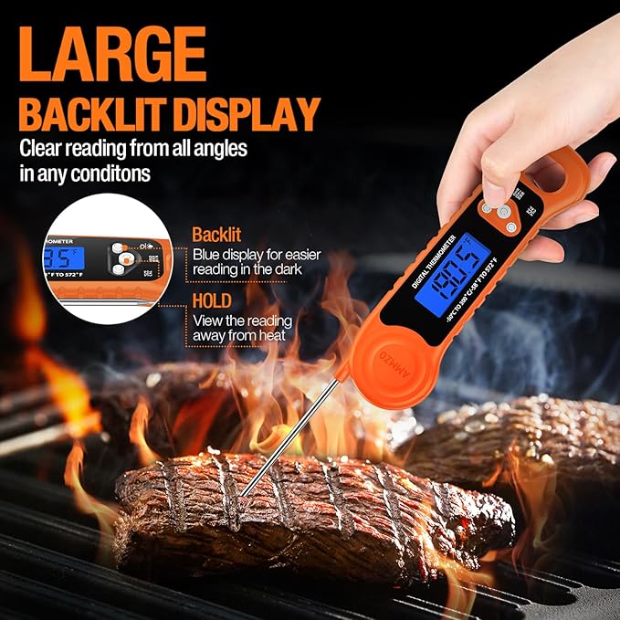 Digital Meat Thermometer for Grilling, Candy Thermometer Instant Read Food Thermometer Waterproof with Backlight for Cooking, Deep Fry, BBQ, Grill, Smoker and Roast (Orange)