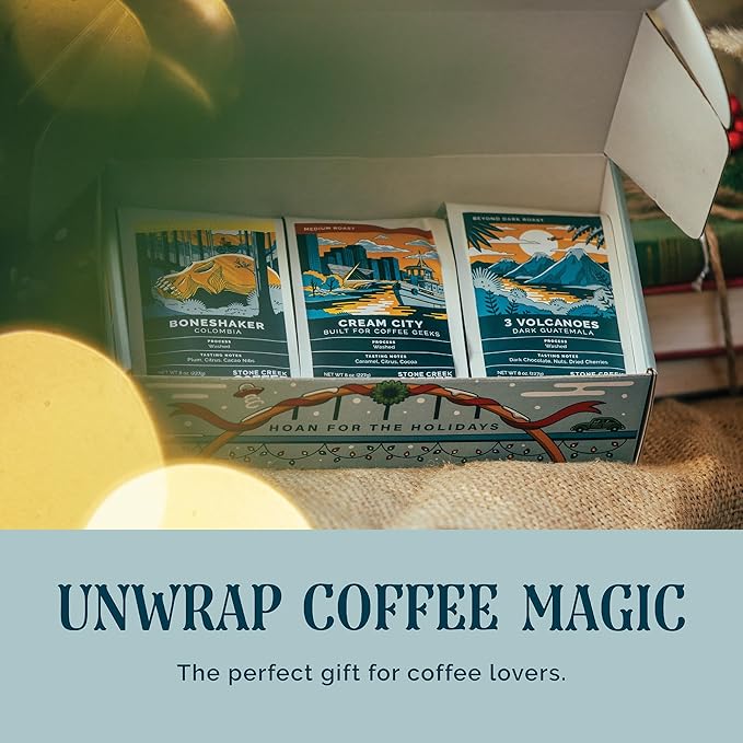 Stone Creek Coffee Cream City Cheer Box Dark, Medium and Light Roast, (8 Oz, Pack of 3) – Whole Bean Coffee Sampler, Holiday Limited-Edition Gift Set, Bright, Smooth and Bold Fresh Roasted Coffee Beans