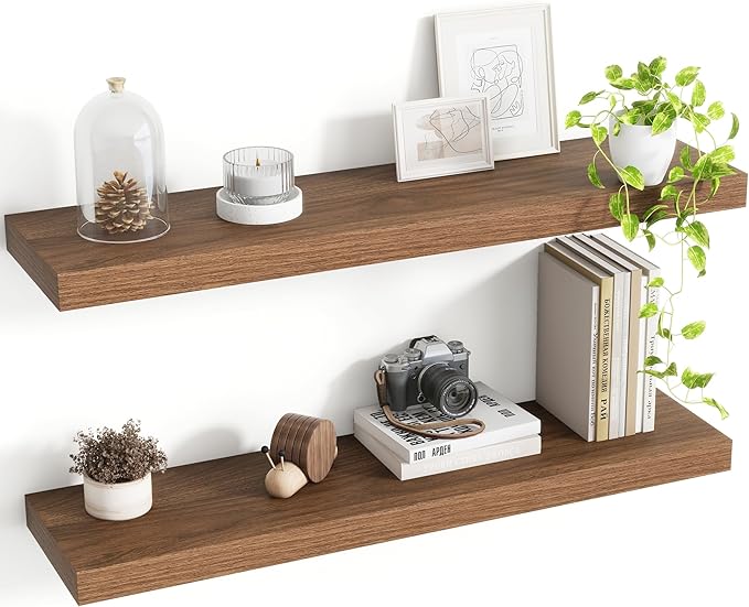 30 Inch Floating Shelves, 8 Inch Deep Floating Shelves for Wall, Hanging Shelf with Invisible Brackets, Deep Shelves for Bathroom, Bedroom, Living Room, Walnut, Set of 2