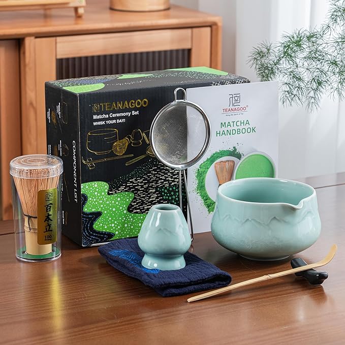 TEANAGOO 7 Pcs Matcha Whisk Set Blue, Ceramic Matcha Set, Matcha Kit for Ceremony, Matcha Tea Set for Making Breakfast/Latte, Tradition Whisk Set and Bowl with Scoop&Sifter, Gift for Friend/Family