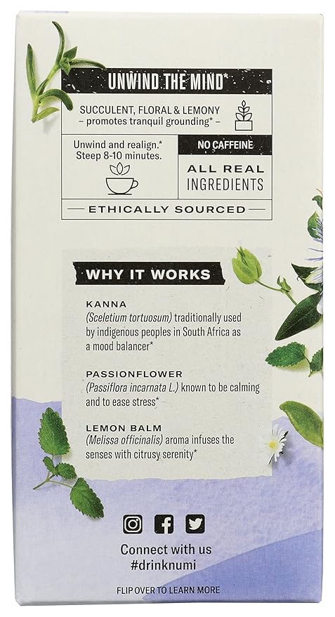 Numi Organic De-Stress Tea Bags, 16 Tea Bags, Passionflower, Lemon Balm, and Kanna, Caffeine Free