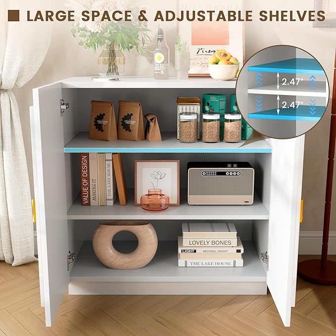LVSOMT Sideboard Buffet Cabinet with Storage, Modern Accent Credenza with Doors and Adjustable Shelve, 33" Wood Coffee Bar Cabinet for Kitchen, Entryway, Dining Room, High Gloss White