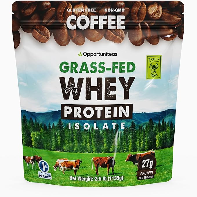 Opportuniteas Grass Fed Coffee Whey Isolate Protein Powder – 27 g Protein per Serving, Heavy-Metal Tested, Made with Real Colombian Coffee, Non-GMO, Hormone-Free, Sourced from Ireland, 2.5 lb