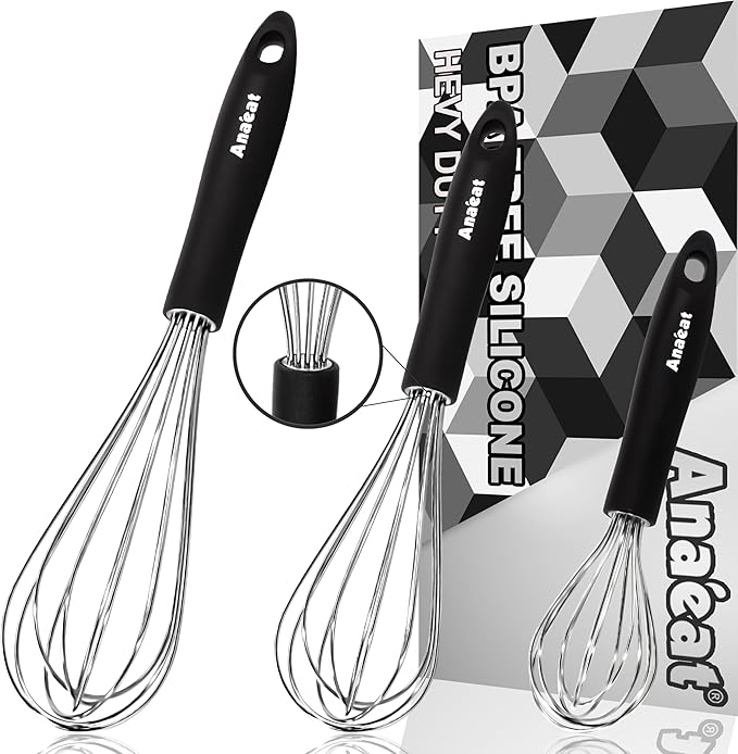 3 Packs Stainless Steel Whisk Set - Balloon Whisk, Anaeat Thick Stainless Steel Wire ＆ Strong Handles, Egg Beater for Cooking, Blending, Whisking, Beating and Stirring (9"+11"+12")