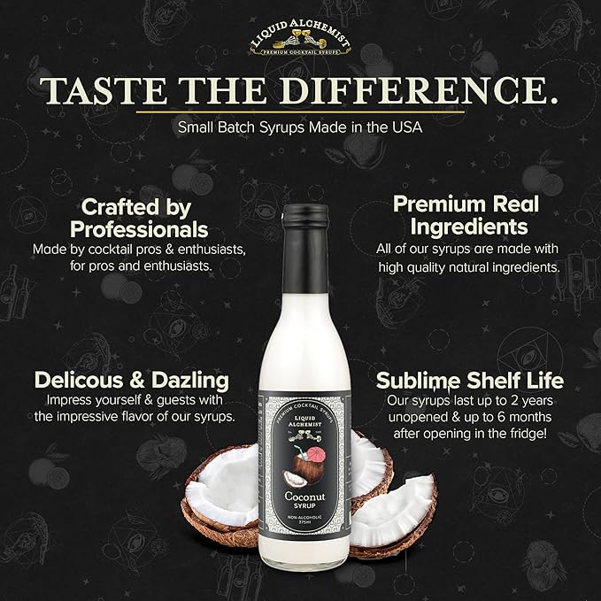 Liquid Alchemist Coconut Syrup for Drinks - Real Ingredients Make our Cream of Coconut Syrup a Perfect Pina Colada Drink Mix - Tropical Flavoring for Drinks - Vegan & Non-GMO (12.7 oz)