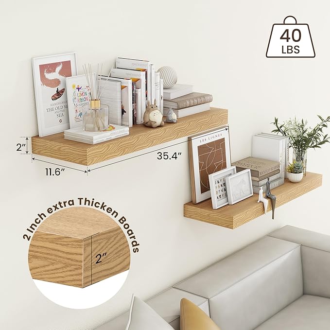 Deep Floating Shelves | 36 Inch Oak Floating Shelves Set of 2 | 12 Inch Deep Rustic Wood Shelves for Wall | 36" W x 12" D Oak Shelves for Living Room Bathroom Laundry Room Kitchen