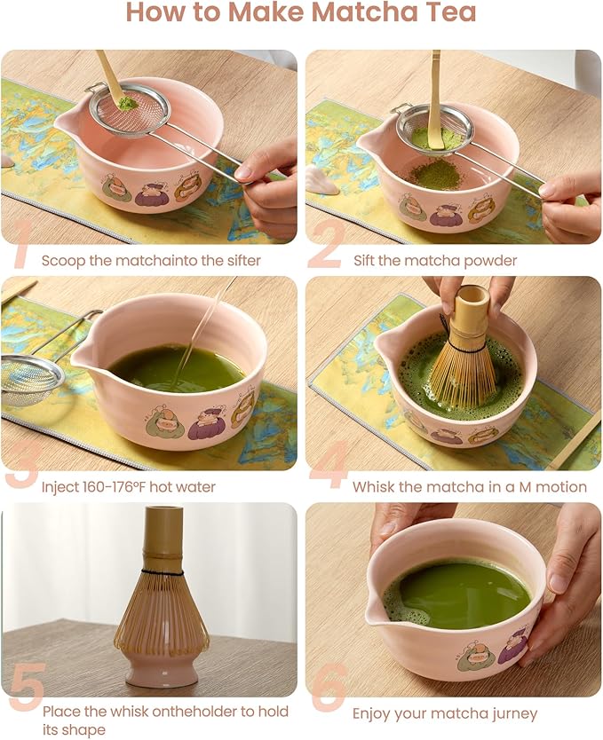 Matcha Whisk Tea Set Kit Japanese Matcha Kit - Matcha Bowl, Matcha Whisk and Holder, Bamboo Scoop, Scoop Rest, Sifter and Tea Towel - for Tea Ceremony Breakfast Lattes - Home Kitchen Christmas(Pink)