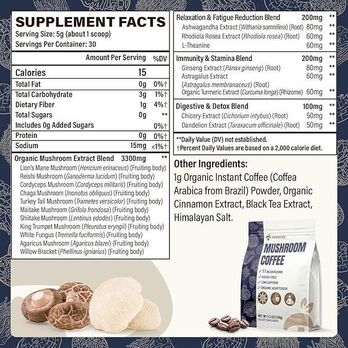 Mushroom Coffee, 11 Superfood Mushrooms includes Lion's Mane, Reishi, Chaga & Ashwagandha, Instant Mushroom Coffee Organic for Energy, Memory, Degestion & Detox, Low Caffeine & Sugar Free, 5.3oz