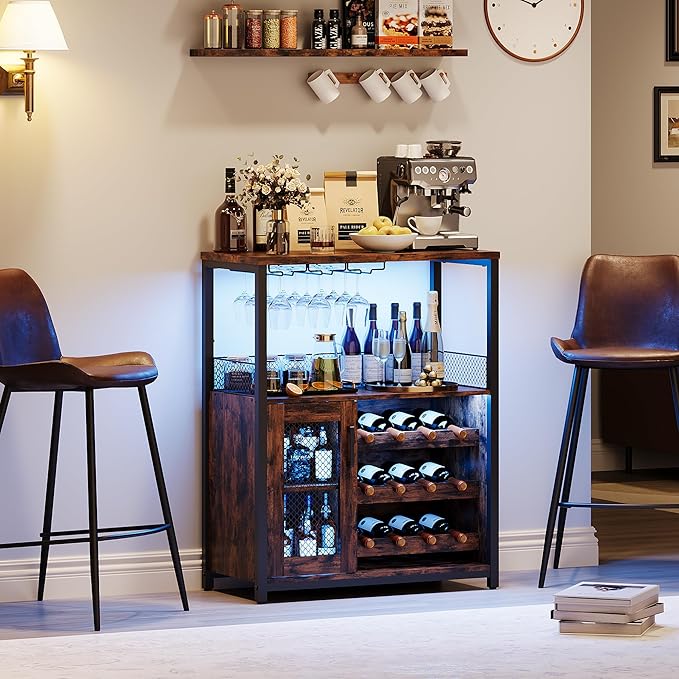 Vintage 3-Tier Wine Bar Cabinet with Adjustable Shelves, Glass Holders, Mesh Door, Small Buffet Sideboard Liquor & Coffee Bar Cabinet for Kitchen, Dining Room, Living Room