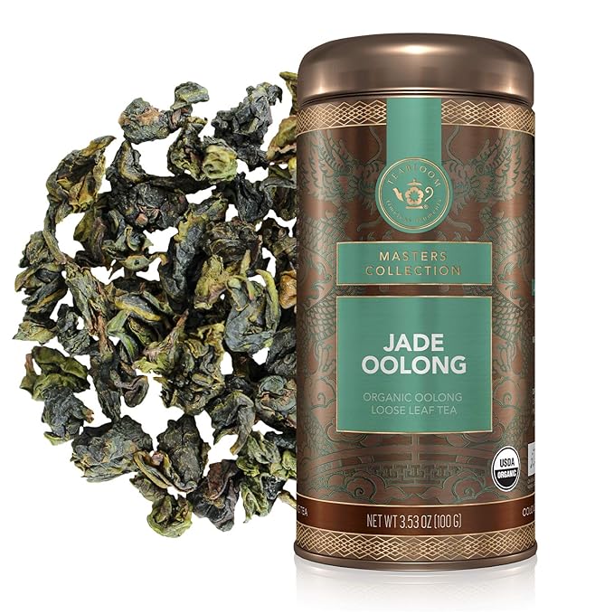Teabloom Organic Jade Oolong Loose Leaf Tea, Rolled Leaves From High-Elevation Mountains, USDA Certified Organic and Certfied Kosher, Fresh Green-Floral Aroma and Flavor, 3.53 oz/100 g Canister Makes 35-50 Cups