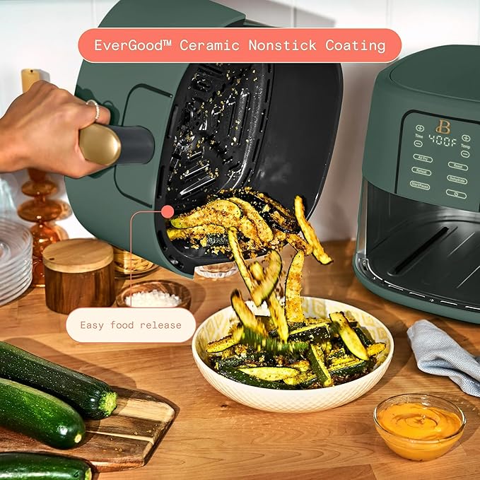 Beautiful 6 Qt Air Fryer with TurboCrisp Technology, EverGood Ceramic Nonstick Coating - Roast, Reheat and dehydrator, kitchen appliances by Drew Barrymore (Thyme Green)