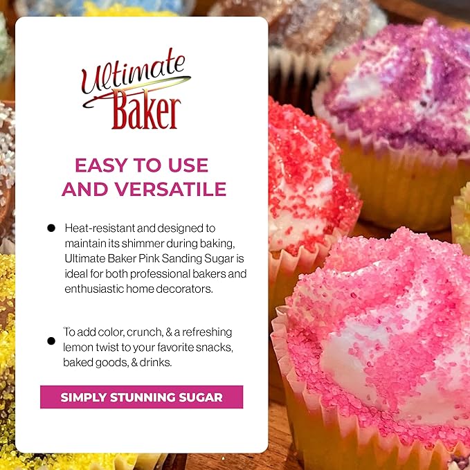 Ultimate Baker - Sanding Sugar, Pink - Vibrant, Naturally Colored Baking & Decorating Sugar, Perfect for Sprinkling on Cakes, Desserts & Confections, Medium Crystal - 4oz