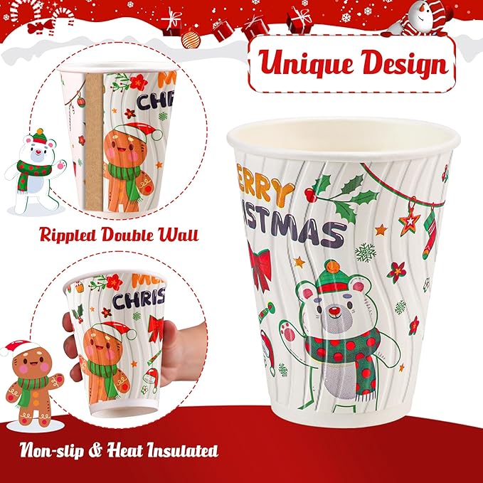 Christmas Coffee Cups 12 oz 120 Pack Corrugated Insulated Ripple Wall Disposable Paper Coffee Cups 12oz, To Go for Hot Beverage or Cold Drinks Office/Home/Cafe/Party/Travel