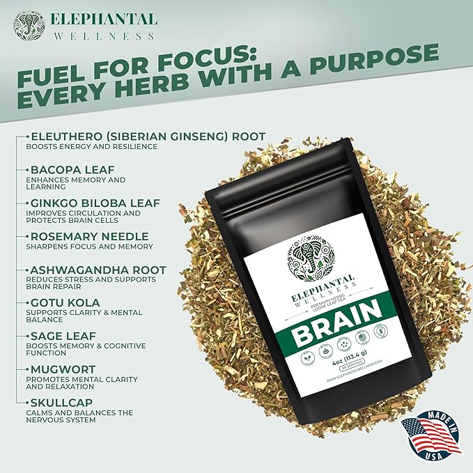 Elephantal Wellness Premium Brain Herbal Tea | Botanical Blend with Ginkgo, Bacopa, Ashwagandha & Gotu Kola | Handmade, Caffeine-Free, Non-GMO Loose Leaf Herbal Tea, 4oz Loose Leaf, 40 Servings