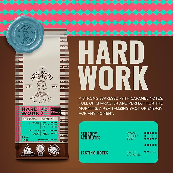 Javier Pereira Coffee - Hard Work Colombian Specialty Coffee – Dark Roast – 100% Arabica – Espresso Specialty – Intense flavor with caramel notes – Ground - 8.8 Oz