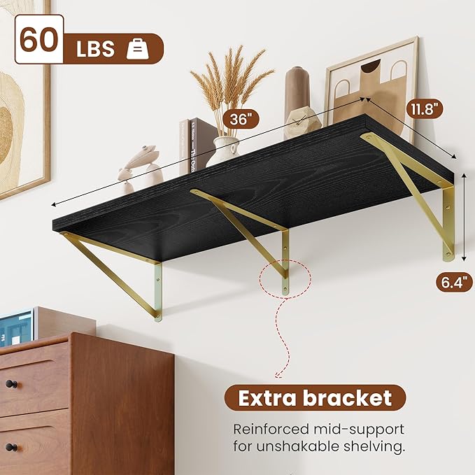 Deep Wall Shelves 36"W x 12"D Engineered Wood Floating Shelves for Wall, Sturdy Metal Bracket(Gold) Bookshelves Home Decor Storage for Living Room Bedroom Bathroom Kitchen, Set of 2, Black Finish
