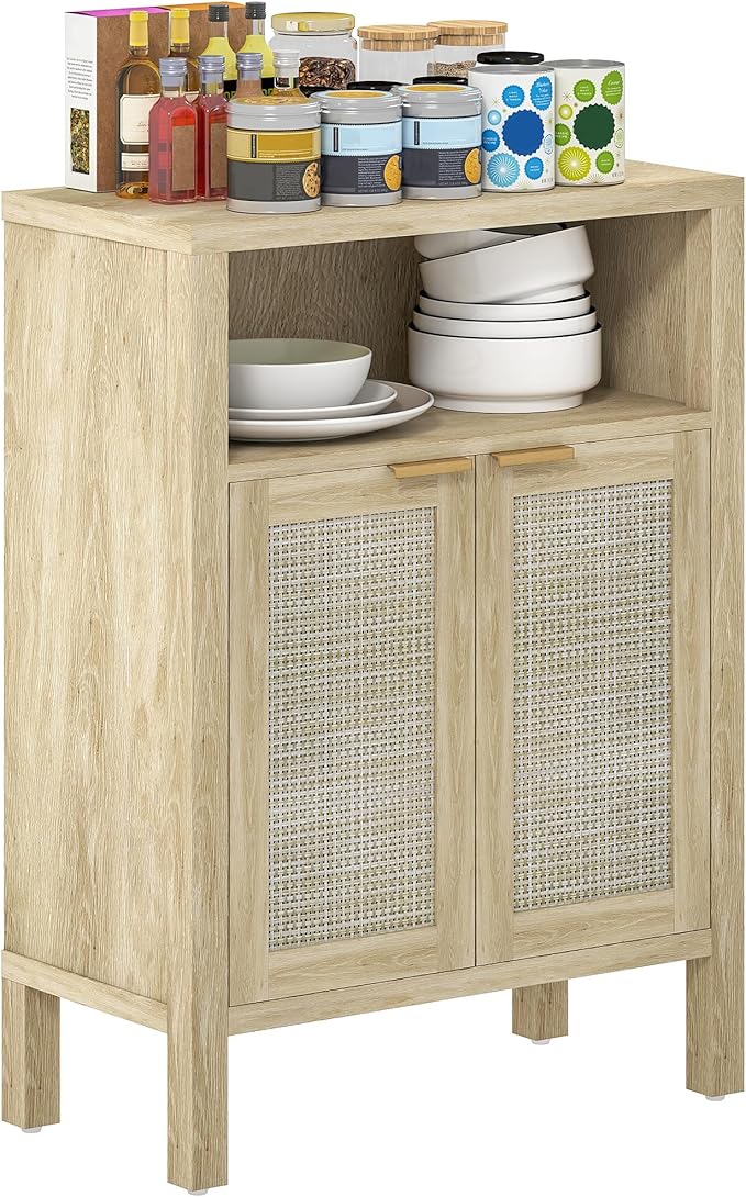 HOMCOM Rattan Sideboard Buffet Cabinet with Storage, Modern Accent Cabinet with 2 Doors and Adjustable Shelf, Freestanding Buffet Table for Entryway Living Room, Natural