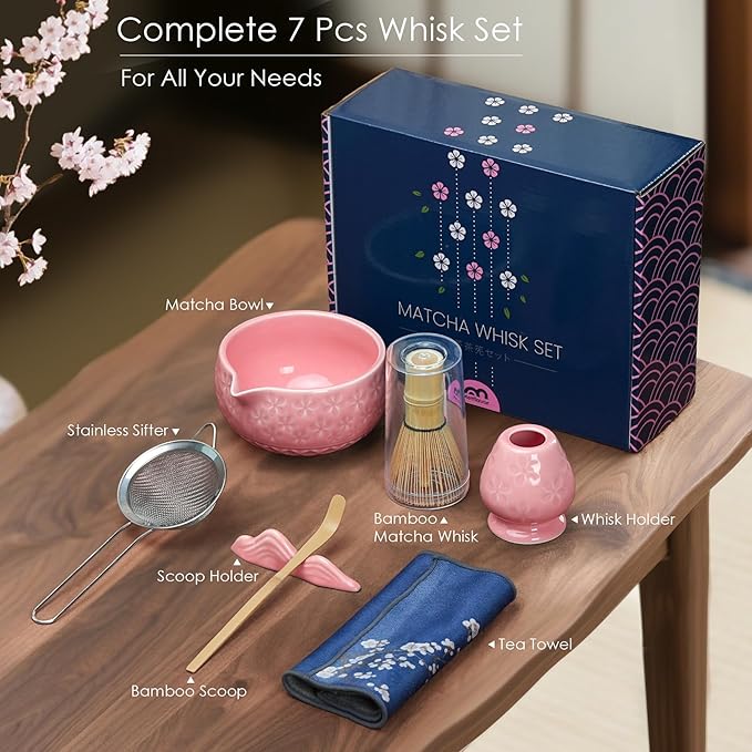 7Pcs Matcha Whisk Set, Ceramic Matcha Bowl with Spout, Bamboo Whisk and Holder,Bamboo Scoop,Scoop Rest,Sifter,Tea Towel, Matcha Kit with Cherry Blossom Carved Patterns for Matcha Lovers (Sakura Pink)