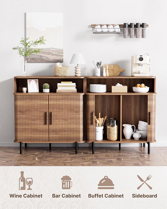 SUNCOZE Fluted Storage Cabinet with Sliding Tambour Doors, Sideboard Buffet Cabinet with Storage, Modern Accent Coffee Bar for Kitchen, Entryway, Living & Dining Room (Walnut)
