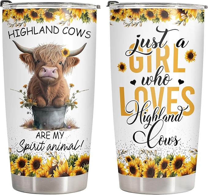 34HD Highland Cow Tumbler with Lid, 20oz Vacuum Insulated Heifer Coffee Mug, Highland Cow Gifts for Girls, Women on Birhday, Mothers Day, Christmas, Graduation