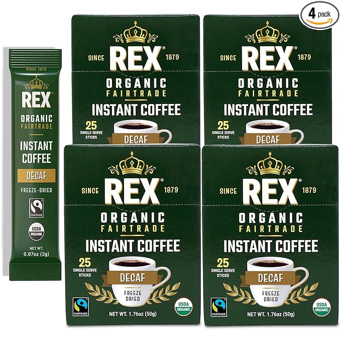 Rex Coffee Organic Fairtrade Decaf Freeze-Dried Instant Sticks – Naturally Decaffeinated Arabica, 100 Single-Serve Packs, Mountain Water Process