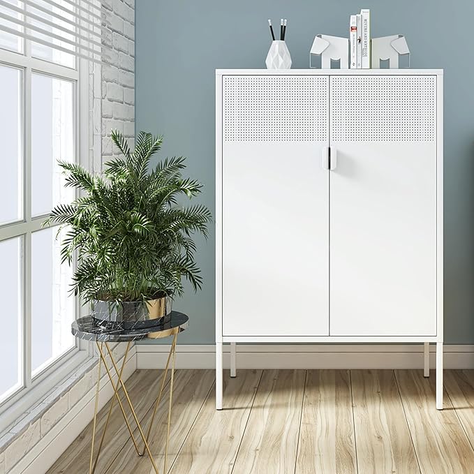 Metal Storage Cabinet,Kitchen Pantry Storage Cabinets with Doors,Buffet Cabinet with 2 Adjustable Shelves,White Pantry Cabinets,Steel Sideboard for Home,Shoes,Office,Dining Room