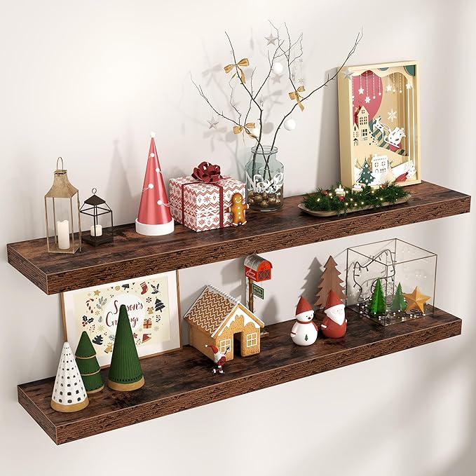 Floating Shelves for Wall, Engineered Wood Wall Shelves with Invisible Brackets for Living Room Bedroom Bathroom Office Kitchen Decor and Storage (Brown, 48" W x 9" D x 1.5" H) Set of 2