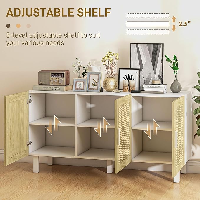 HOMCOM Boho Sideboard Buffet Cabinet, Coffee Bar Cabinet with 3 Rattan Doors and Adjustable Shelves for Kitchen, Living Room, White and Natural