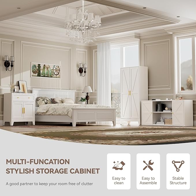 Kitchen Storage Cabinet with Drawers and Doors,Farmhouse Pantry Cabinet with Adjustable Shelves,Floor Sideboard and Buffet Server for Living Room,Dining Room,Bathroom,White