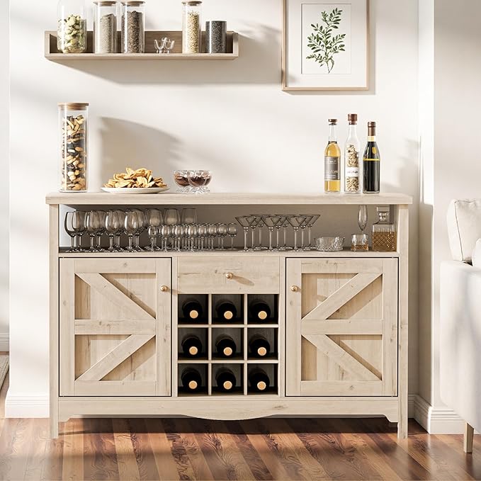 45.7” Wine Cabinet，Farmhouse Home Coffee Bar Sideboard Buffet Cabinet Liquor Storage with 9 Wine Racks & 2 Doors for Kitchen, Living and Dining Room (2, White Oak)