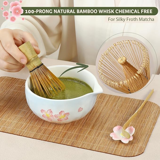 Matcha set with tray 8pcs, Japanese Matcha Kit includes Ceramic Matcha Bowl, Bamboo Matcha Whisk (Chasen), Whisk Holder, Macha Scoop(Chashaku), Bamboo Placemat, Sifter, Tea Cloth Chakin，Blue & Pink