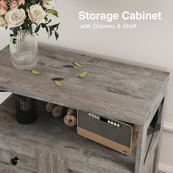 Farmhouse Storage Cabinet with Drawers and Adjustable Shelves, Freestanding Kitchen Pantry Storage Cabinet, Floor Storage Cupboard for Dining Living Room Home Office, Washed Grey