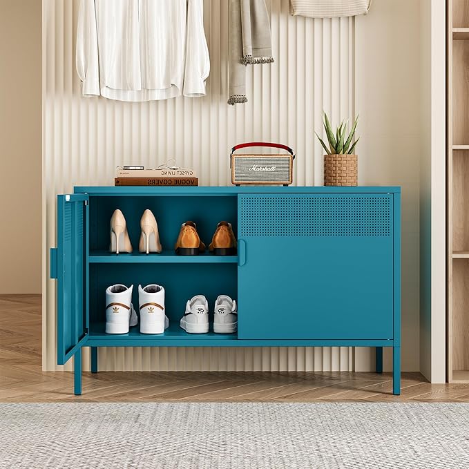 Metal Storage Cabinet with Doors,Blue Accent Cabinet,Metal Locker Storage Cabinets,2 Door TV Media Stand with Removable Shelves for,Home,Office,Entryway,Living Room