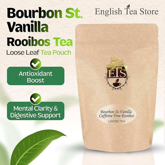 English Tea Store Bourbon St Vanilla Rooibos Caffeine Free Loose Leaf Tea Pouches - 16oz | Smooth South African Rooibos with Sweet Vanilla & Cinnamon Spice | Enjoy Hot Iced or as Rooibos Latte